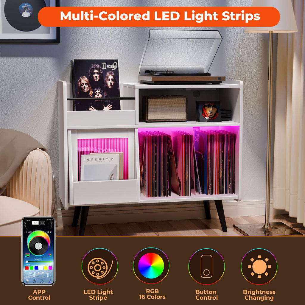 Large Record Player Stand -Turntable Stand Shelf w/Power Outlet & LED Light