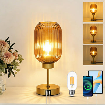 Vintage Gold Touch Table Lamp, Small Desk Lamp with Amber Glass Shade, Bulb, Charging Port, Mid Century Modern