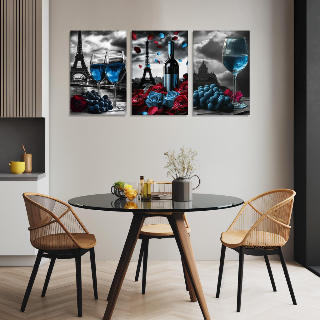 Large Wine Canvas Wall Kitchen Wall Decor 3 Piece Blue Goblet Cups with Flower Pictures Black and White Paintings