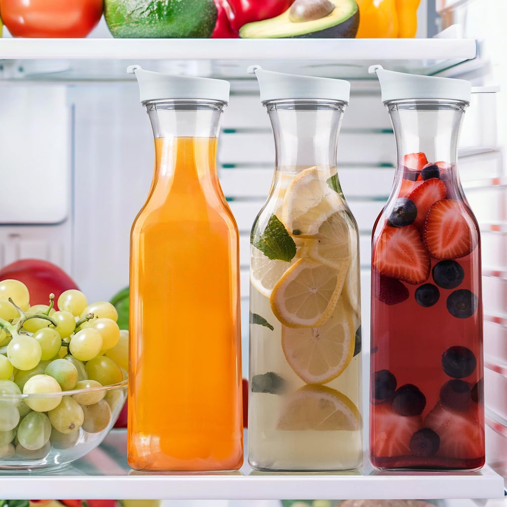 [50 oz - 4 Pack] Plastic Carafe with Lid, Large Capacity Square Base - Clear Pitcher with Flip Top Lid, Easy-Pour