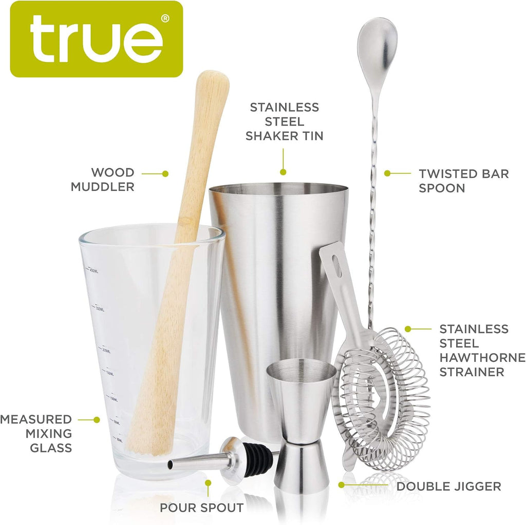 7-Piece Barware Set for Mixed Drinks and Cold Brew Cocktails, Includes Boston Cocktail Shaker Tin, Mixing Glass - Set of 7
