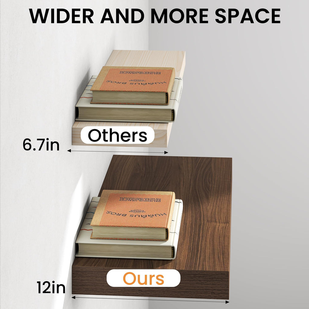 36Inch Walnut Floating Shelves for Wall, 12 Inch Deep Shelves Wall Mounted, Rustic Wood Floating Shelf with Invisible