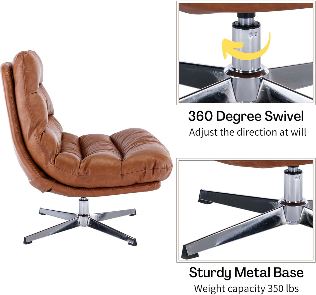 Modern Swivel Lounge Chair and Ottoman — Brown Faux Leather
