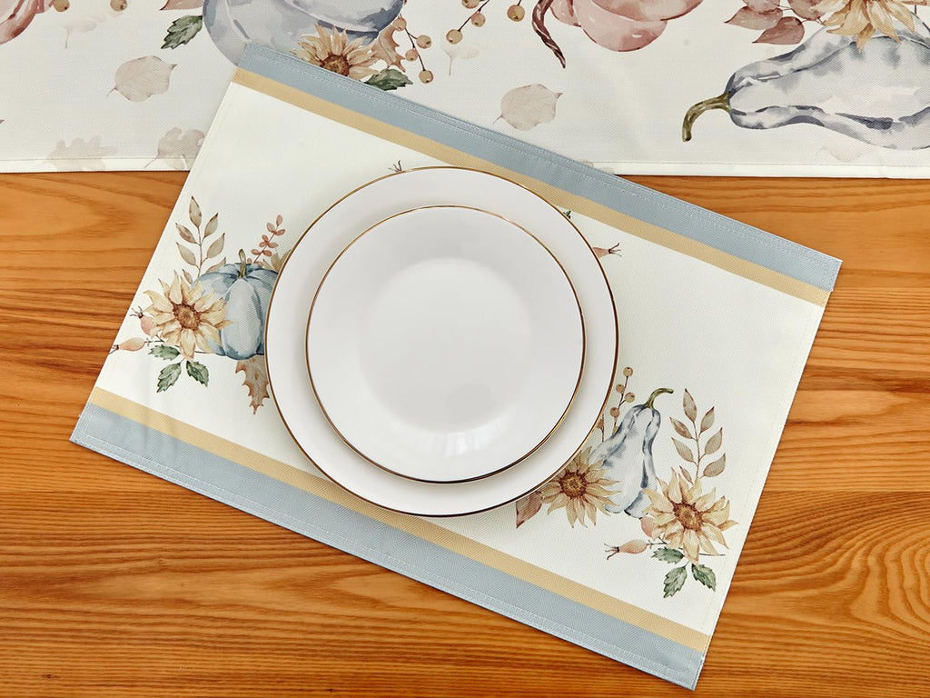 Blue Pumpkin Bordered Thanksgiving Tabletop, Stonewashed Fall Pumpkin and Sunflower Cottage Print Easy Care Fabric