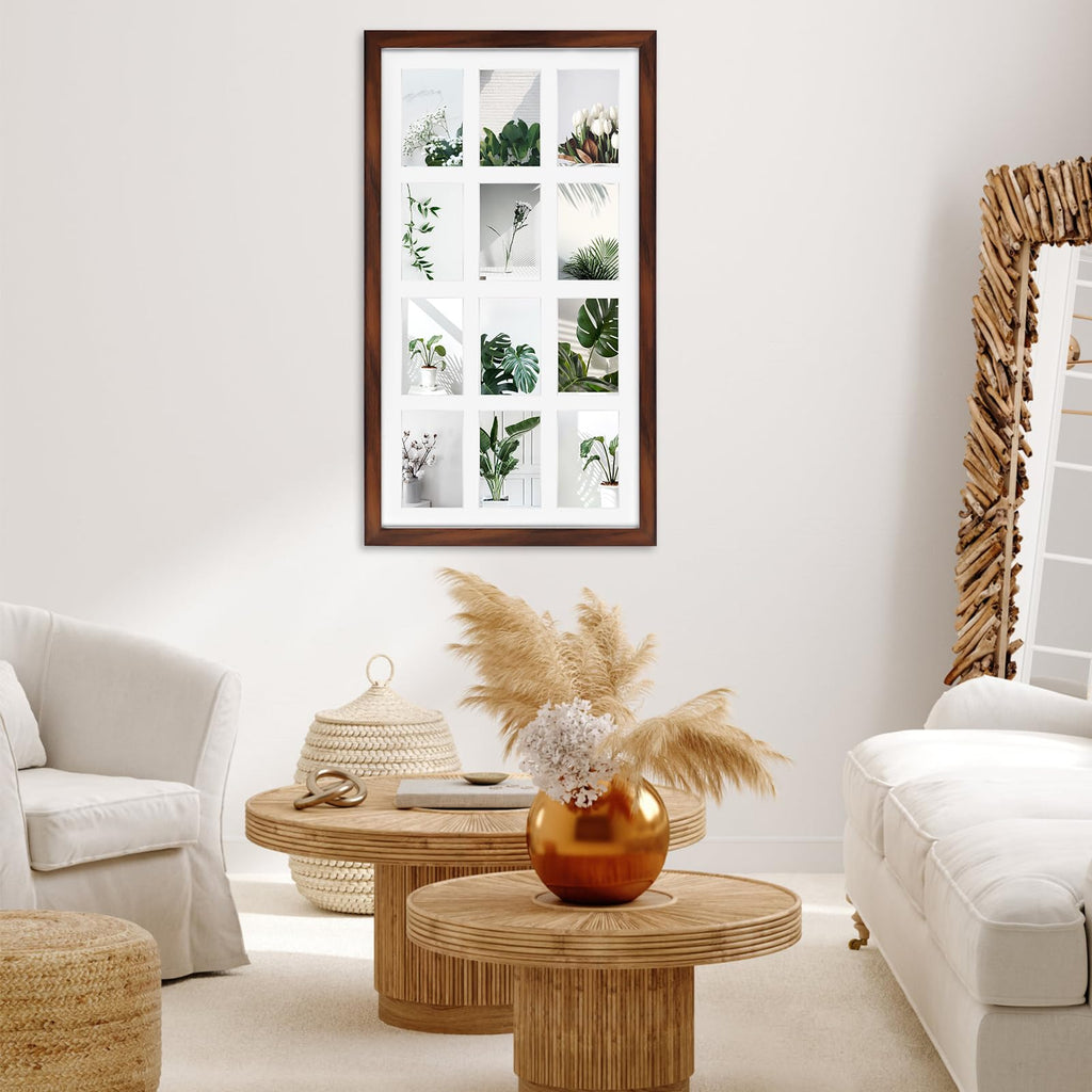 12 Opening 4x6 Collage Picture Frames Set of 2, Rustic Brown Multiple Frames for Displaying 6x4 Photos with Mat