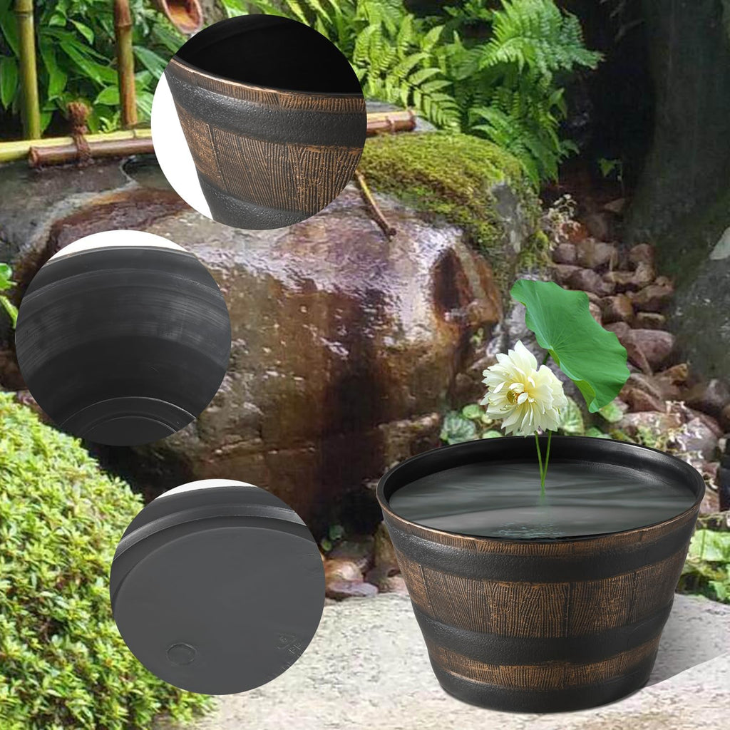 YI 4 Pack Whiskey Barrel Garden Planters 13" Rustic Oak Resin Planter for Indoor & Outdoor Plant Flower Pot
