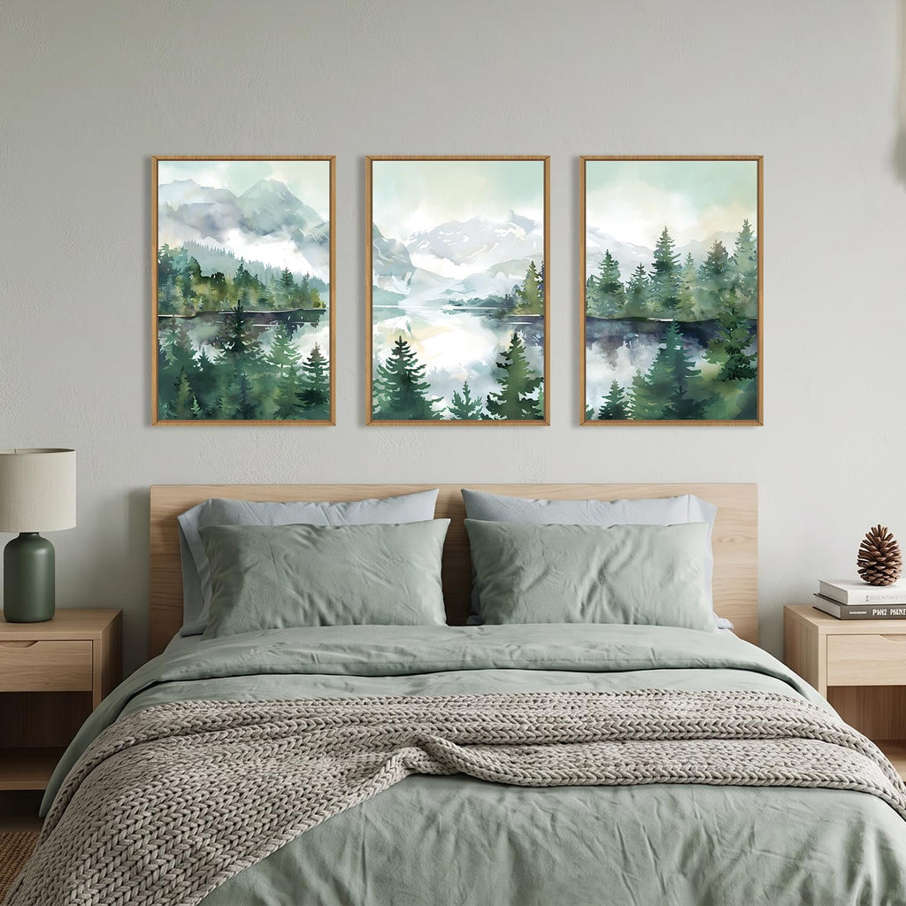 Watercolor Mountain Forest Framed Canvas Wall Art Set-16"x24"x3