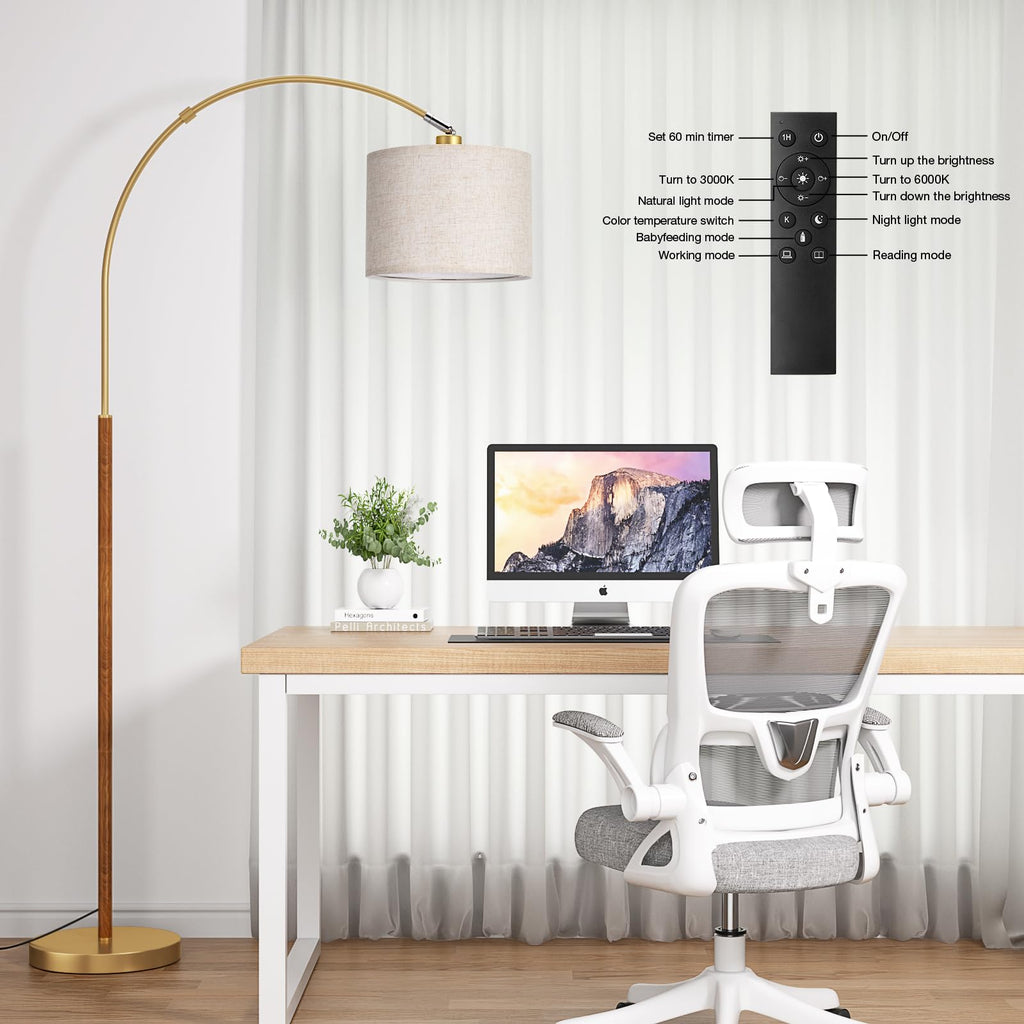 Dimmable Arc Floor Lamp with Remote, Color Temp Adjust, Woodgrain