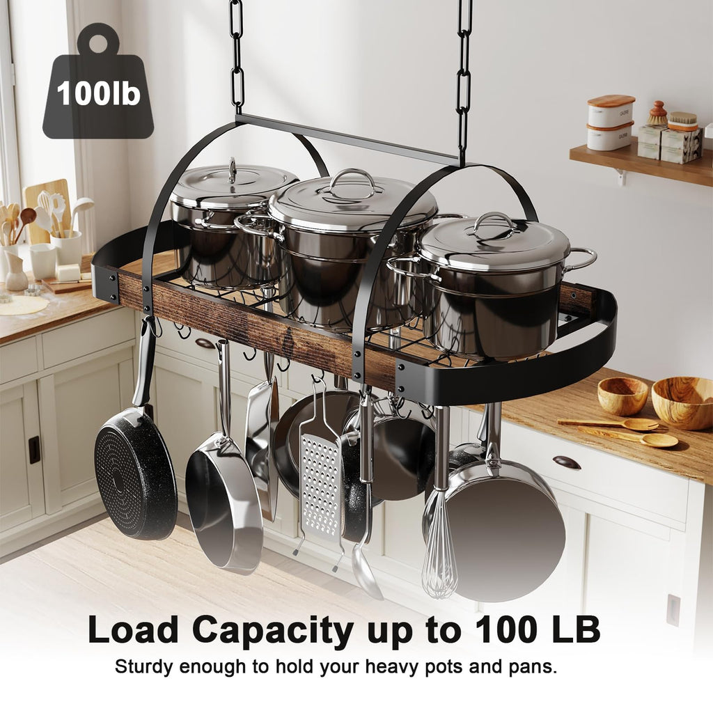 Hanging Pot Rack, 32-Inch Ceiling Pot Rack, 16 S Hooks, 100 lb Capacity