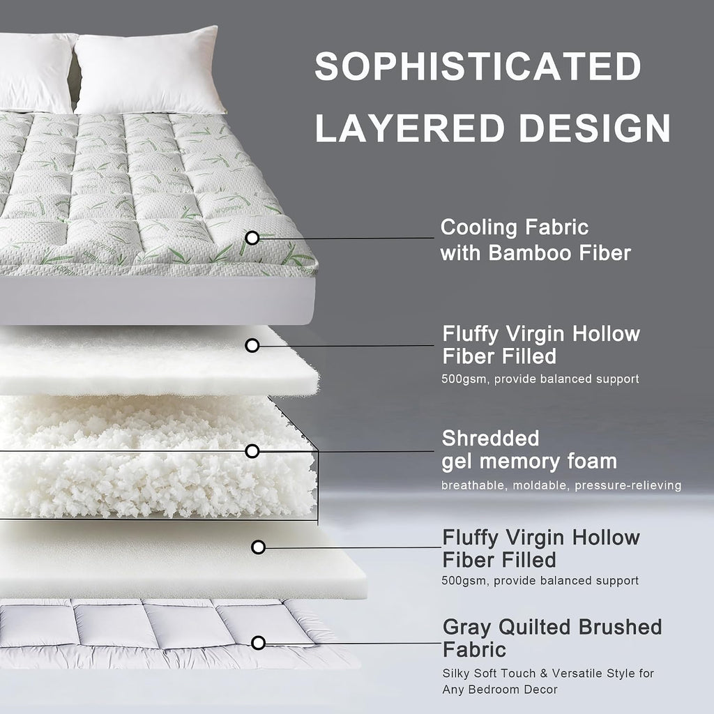 4 Inch Mattress Topper Queen Size Memory Foam Bamboo Pillow Top Back Pain | Breathable Hypoallergenic OEKO-TEX