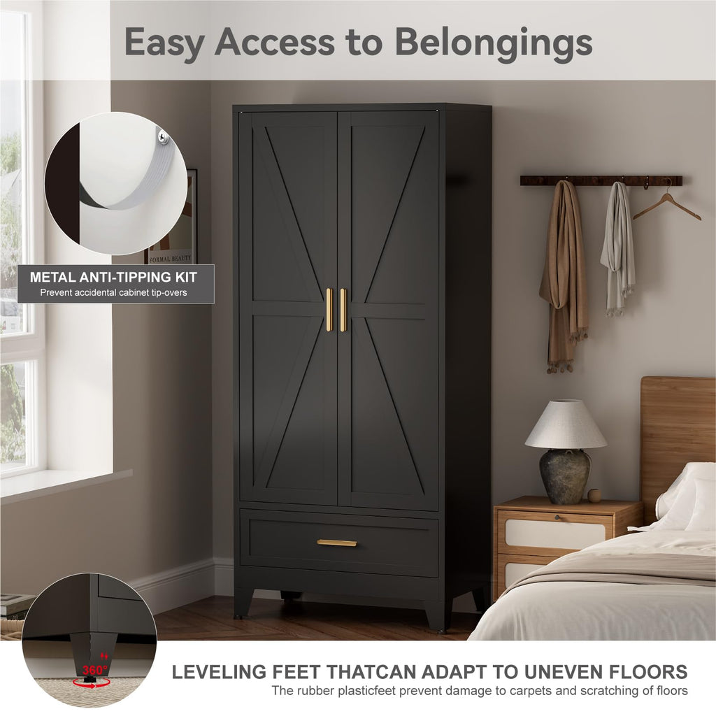 71 Farmhouse Metal Wardrobe Closet with Hanging Rod, 2 Barn Doors, Adjustable Shelves, Steel Armoire with Drawer Black