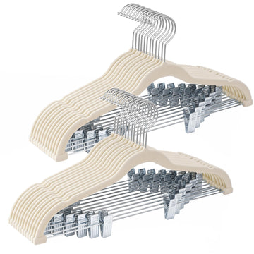 24-Pack Beige Velvet Hangers with Clips Adjustable, Adult Hangers, Heavy-Duty, Felt, Non-Slip, Space Saving, Slim Outfit