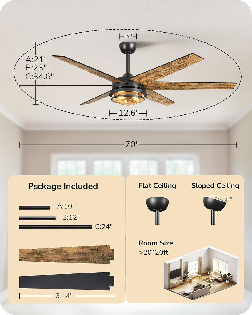 70" Large Farmhouse Ceiling Fans with Lights and Remote,10%-100% Dimmable, Wood Blades