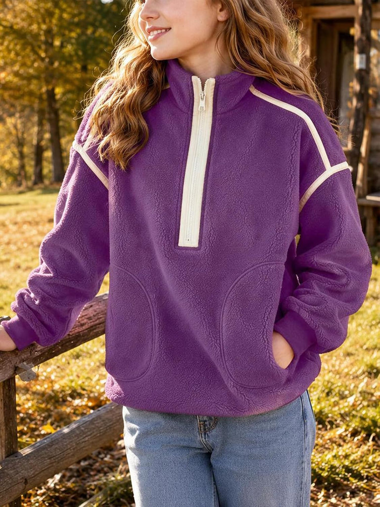 Girls Sherpa Fleece Top Fuzzy Half Zip Pullover Sweatshirt 2026 Warm Fall Winter Outfits Long Sleeve Pockets Coats