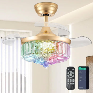 30" Retractable Crystal Ceiling Fan with Light, RGB Modern Fandelier 6 Speeds Reversible Blades Dimmable Chandelier
