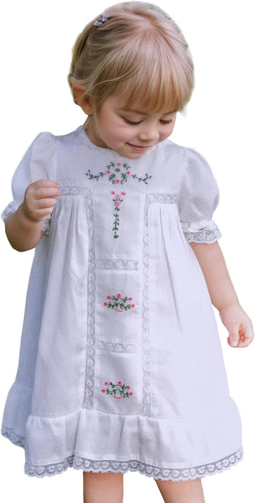 Toddler Girls White Princess Lace Dress | Vintage Floral Embroidered Heirlown Gown | Kids' Special Occasion Party