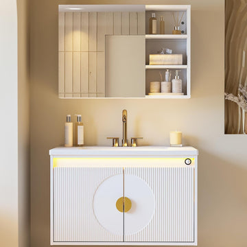 30-Inch Floating Bathroom Vanity Set with Sink & Mirror – Wall-Mounted Cabinets with LED Strip Lighting and Large Storage, White