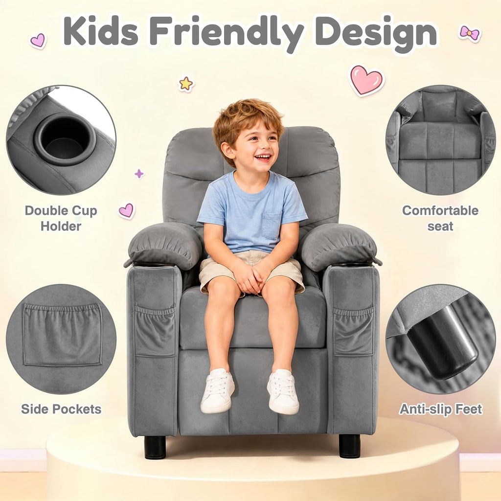 Kids Recliner, Toddlers Kids Recliner Chair with Cup Holder, Ergonomic Adjustable Velvet Lounge Chair with Footrest &