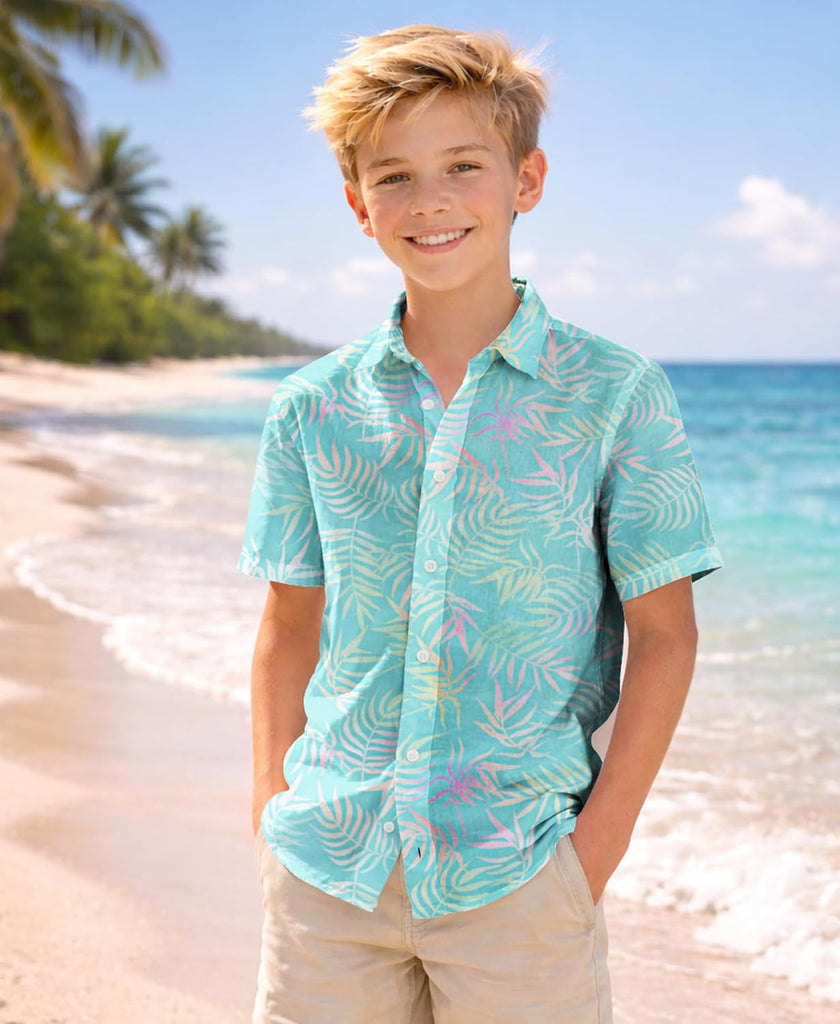 Boy's Button Down Hawaiian Shirt Short Sleeve, Kids Summer Beach Hawaiian Shirts for Boys