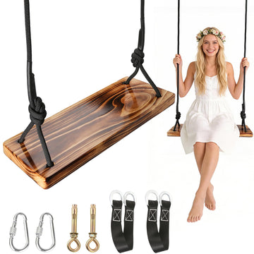 Carbonized Wooden Tree Swing, 18"x 8" Wooden Swing Seat, Heavy Duty 440 lb Load Capacity, Hanging Wood Swing with