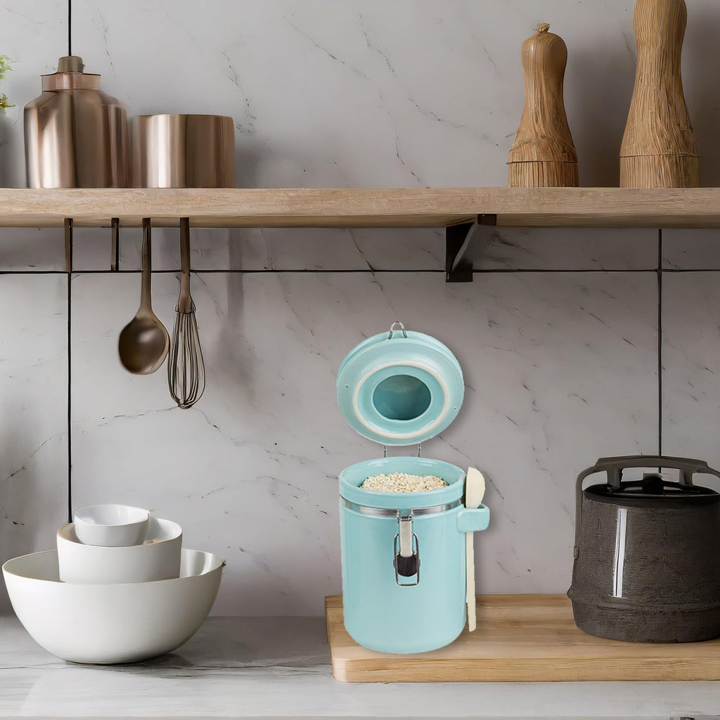 Canister Sets For The Kitchen (4 Piece) Turquoise, High Gloss Ceramic | By | Decorative Set | With Wooden Spoons