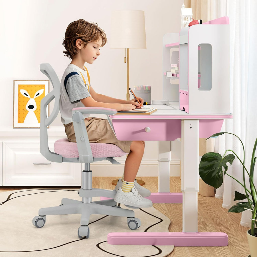 Kids Desk Chair, Ergonomic Adjustable Student Rolling Chair with Footrest & Flip-up Armrest, Mesh Children Office