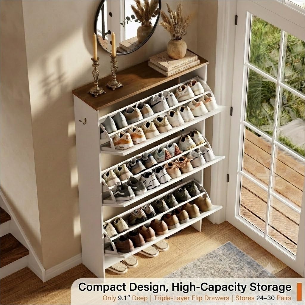 Shoe Storage Cabinet, Freestanding Fluted Accent Ultra Slim Shoe Cabinet with 3 Flip Drawers, Farmhouse Shoe Rack