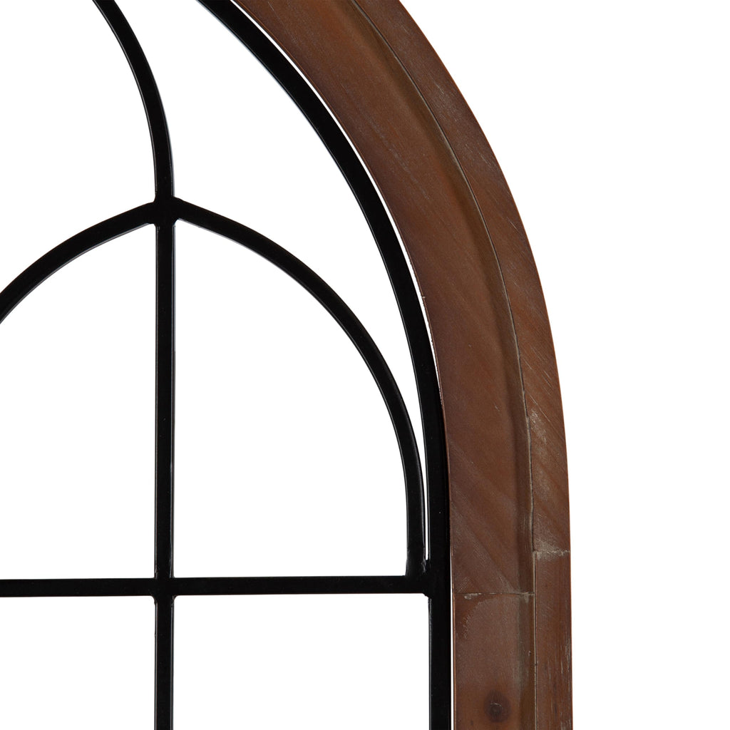 Rennell Farmhouse Arched Wall Art Plaque; 19 x 36; Walnut Brown and Black; Wood and Metal Windowpane Wall Decor for
