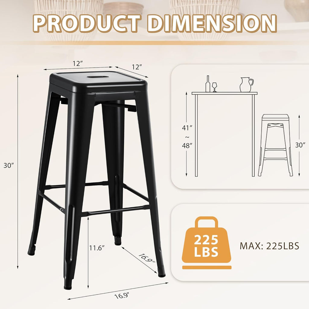 30 Inch Metal Bar Stools Set of 4, Counter Height Stools, Industrial Bar Chairs Patio Stool Stackable Stool