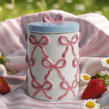 Cookie Jars with Lid Airtight, 42 OZ Large Ceramic Food Storage Containers, Cute Pink Bow Kitchen Canisters