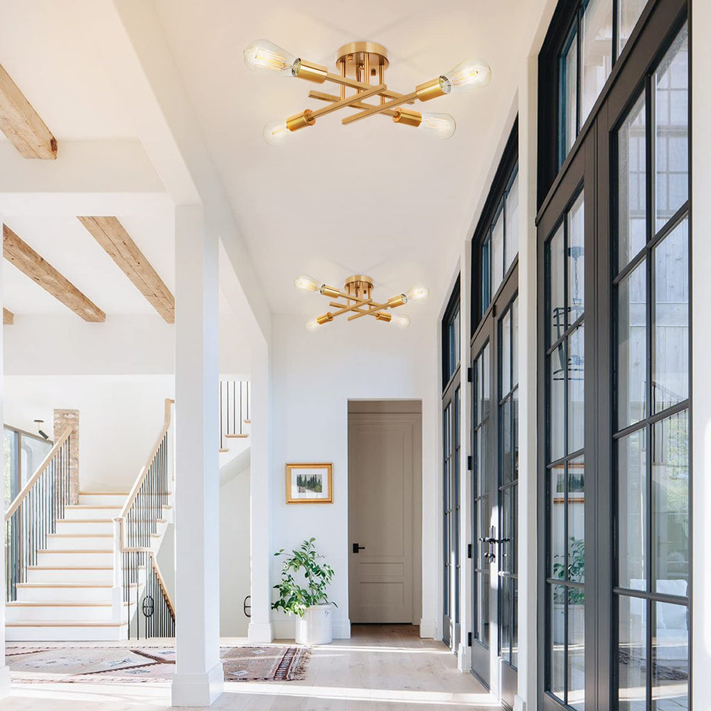 4-Light Semi Flush Mount Ceiling Light, Gold Sputnik Chandelier