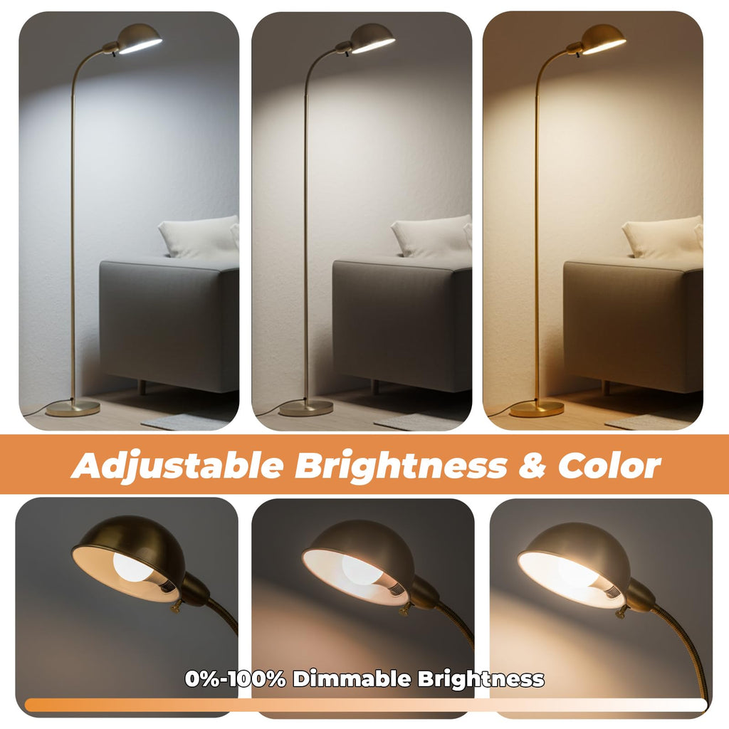 Modern Metal Dimmable Reading Floor Lamp with Remote, Gold‐Remote