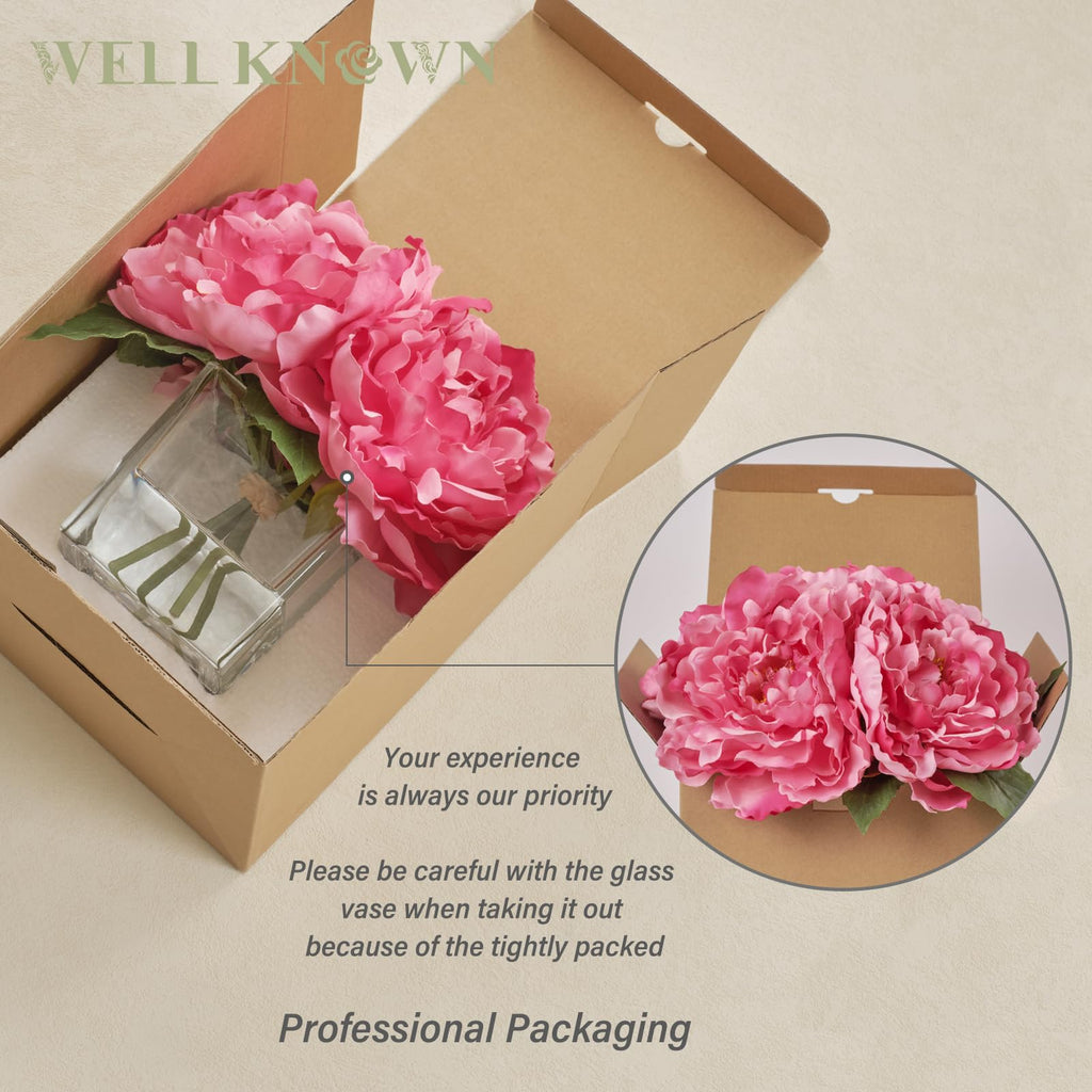 Artificial Peonies Flowers Arrangements in Cube Glass Vase, Silk Flower Centerpieces Table, Coffee Table Decor, Faux