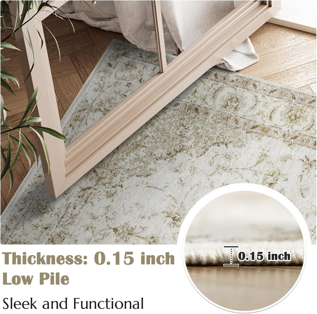 6x9 Area Rugs Machine Washable Rug - Stain Resistant Vintage Floral Medallion Ultra-Thin Low Pile Non-Slip Indoor