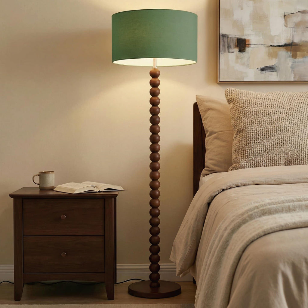 60.6 Inch Beaded Walnut Wood Floor Lamp with Linen Shade, Green