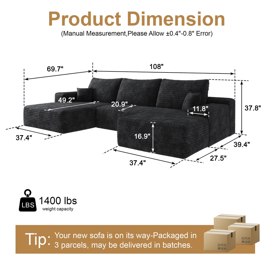 Sectional Couches Modern Modular Sofa with L-Shape Couchs Upholstered Boneless Couch Deep Seat Sectional Couch with