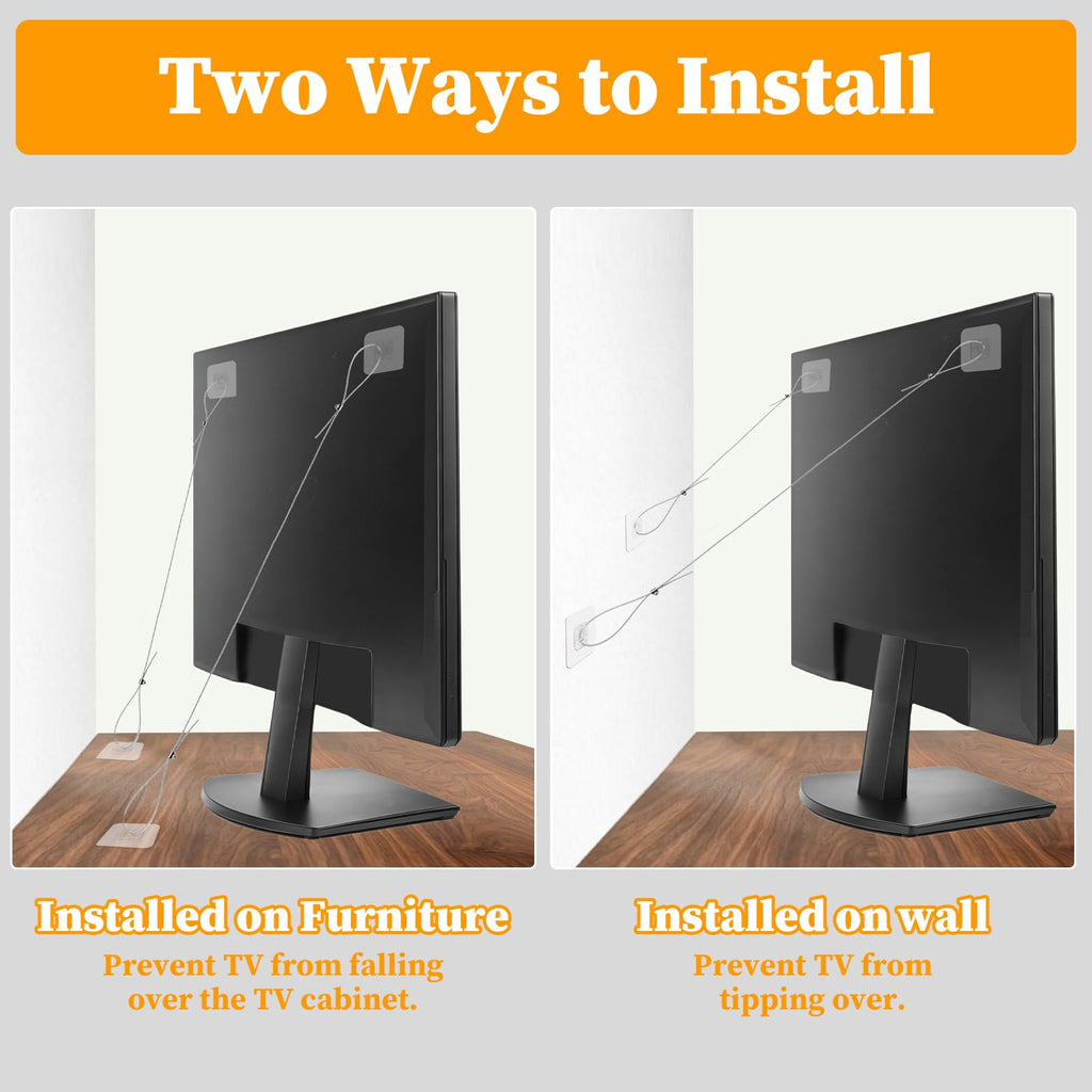 6 Pack Adjustable TV Safety Straps Stainless Steel, No-Drill Adhesive Anti-Tip Furniture Wall Anchors, Secure Flat