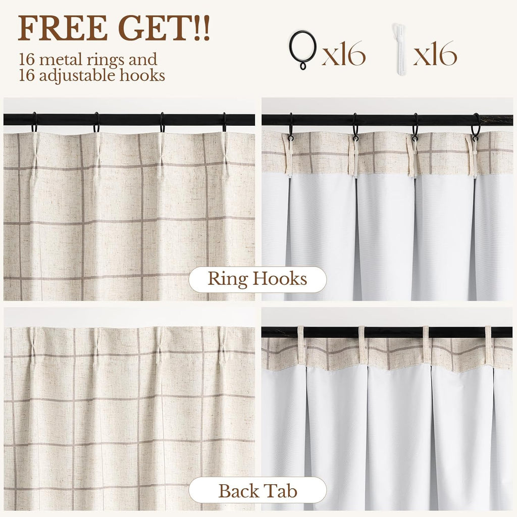 Plaid Pinch Pleated Curtains - Modern Luxury Linen Buffalo Blackout Drapes, Thermal Insulated Double Layer Window