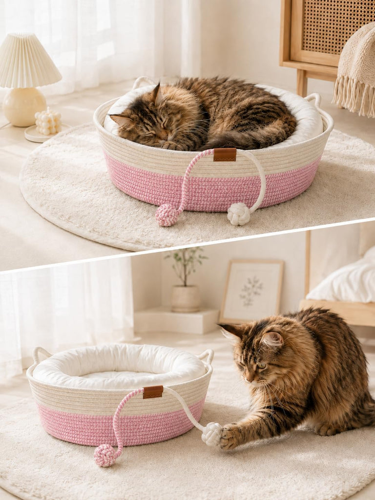 Handwoven Cat Bed for Indoor Cats, 18 Inch Round Low-Entry Cat Basket Bed