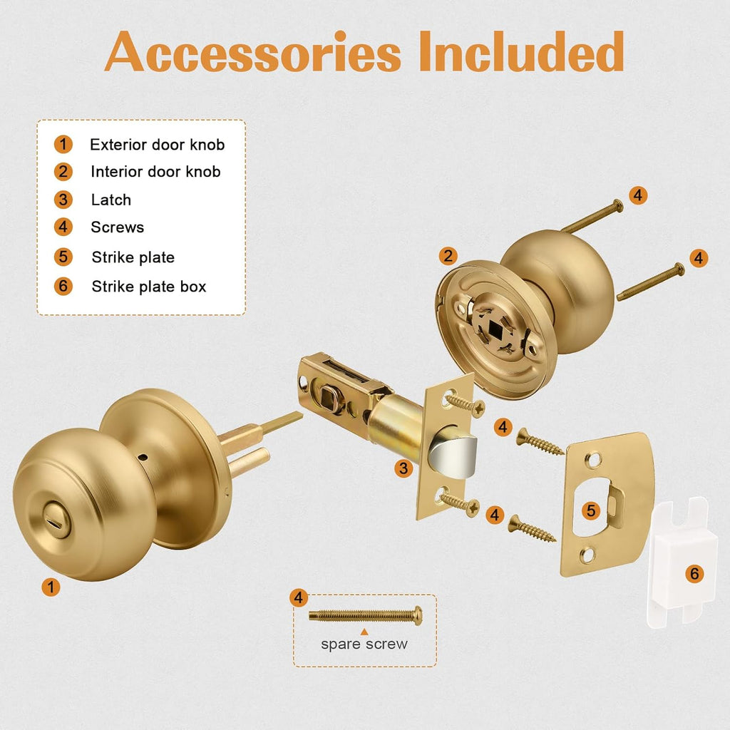 Champagne Bronze Door Knobs Bathroom, Interior Door Knob with Round Ball, Champagne Privacy Door Knob, 1 Pack