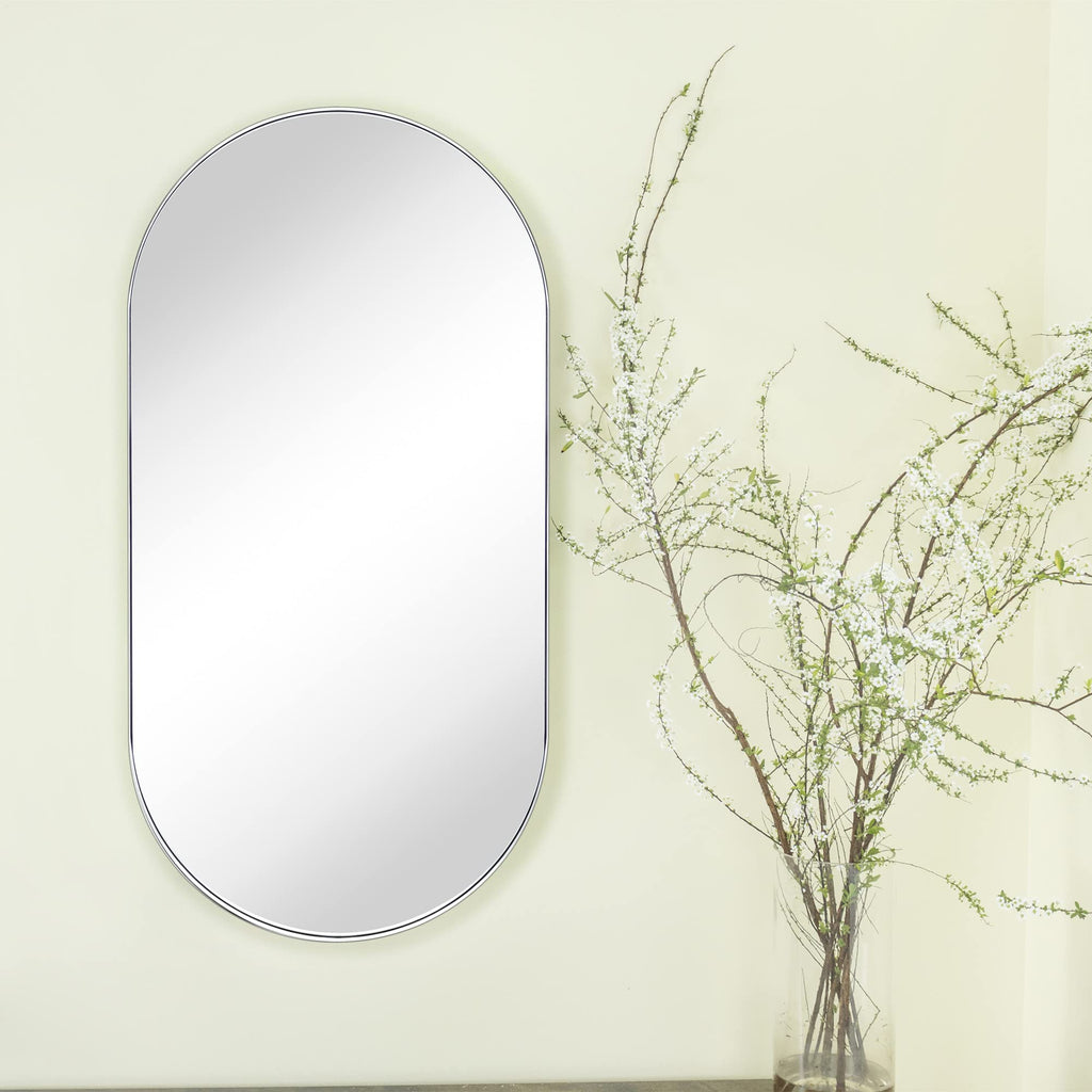 Chrome Oval Bathroom Mirror 20x40'' Pill Shaped Oblong Vanity Mirror Metal Framed Capsule Mirror for Wall in