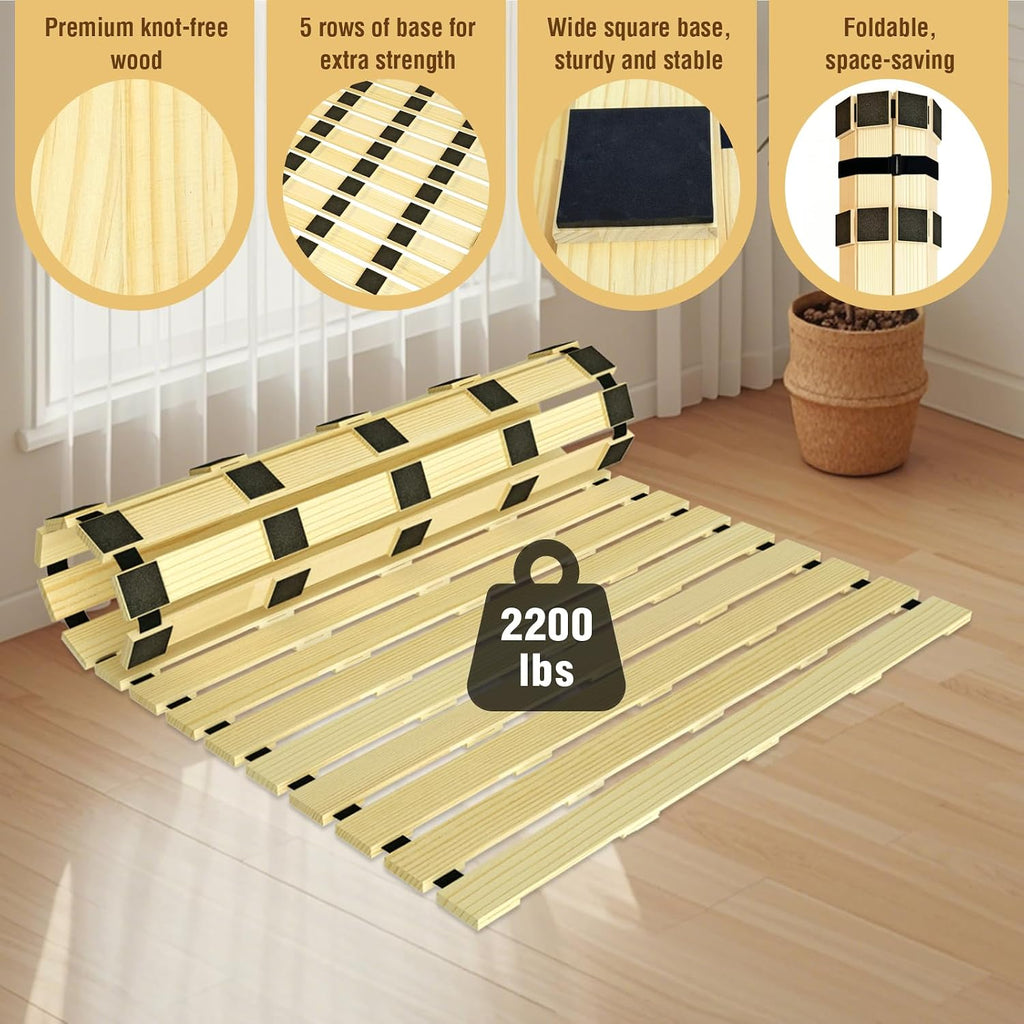 Tatami Mat Floor Bed, Knotless Solid Wood, Roll-Up Slatted Bed Plate with 2 Storage Straps, Moisture-Proof and
