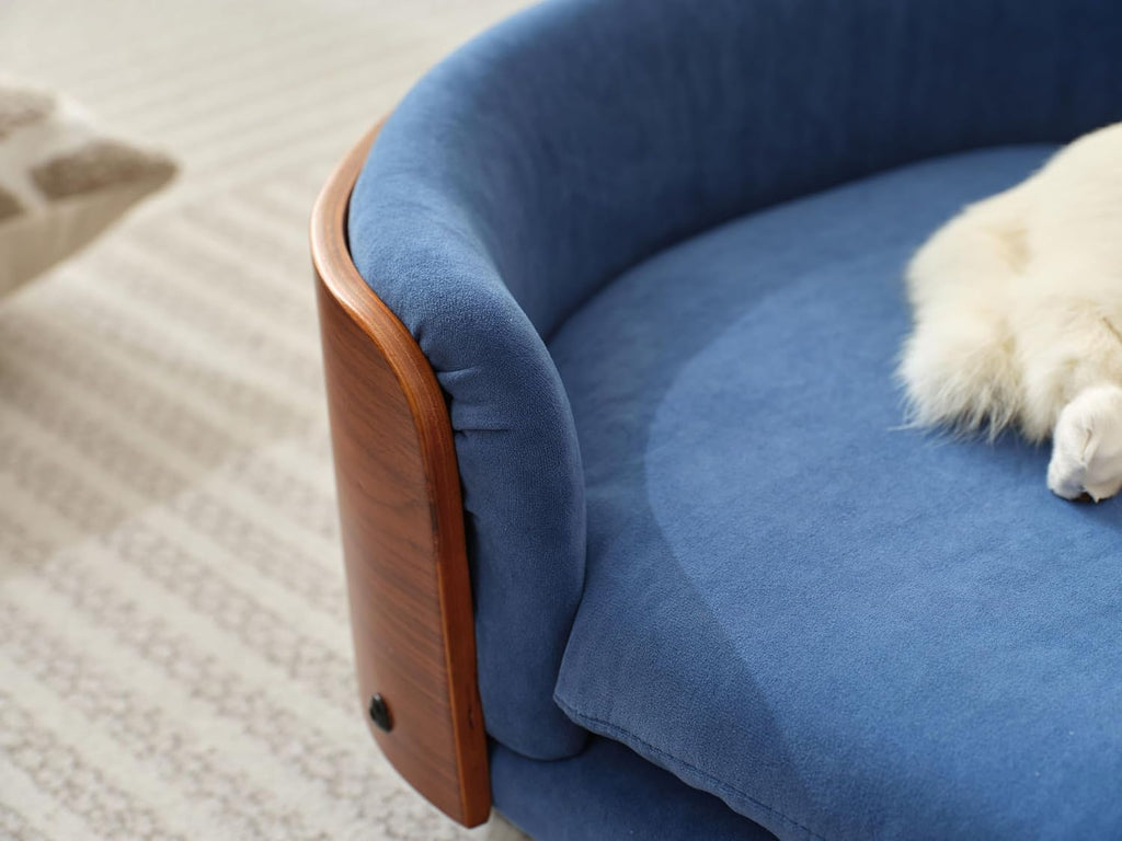 Modern Elevated Pet Sofa Bed, Wood Frame with Velvet Cushion, 26.4 x (Dark Blue)