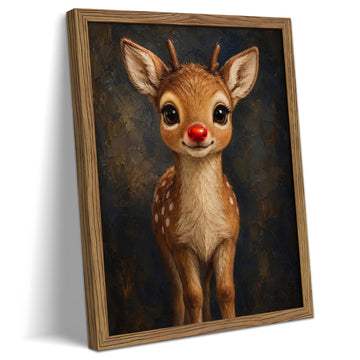 Vintage Framed Christmas Wall Art, Red Nose Reindeer Wall Decor, Cute Deer Canvas Print, Retro Holiday Animal Picture