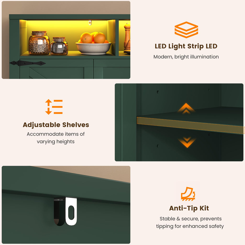 Buffet Sideboard with Storage with Power Outlets & LED Light, Large Farmhouse Kitchen Storage Cabinet Wood 4 Doors