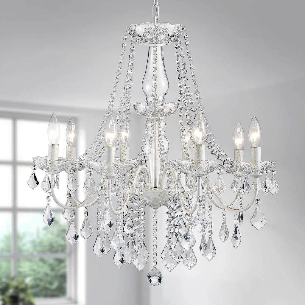 8-Light White Crystal Chandelier - Modern Candle Style Pendant Light, 26.4" W x 25.8" H