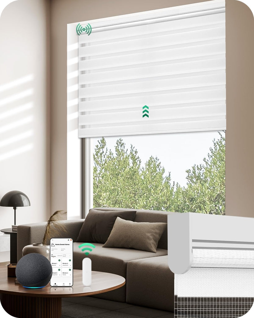 Motorized Zebra Blinds with Remote, Electric Dual-Layer Shad - White