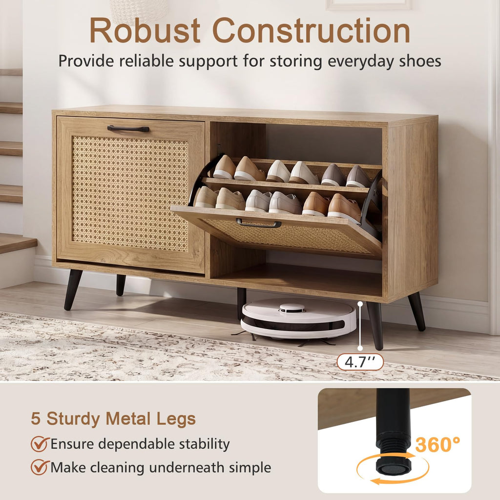 Rattan Shoe Storage Cabinet with 2 Flip Drawers, Hidden Shoe Storage Organizer with Adjustable Shelves and Metal