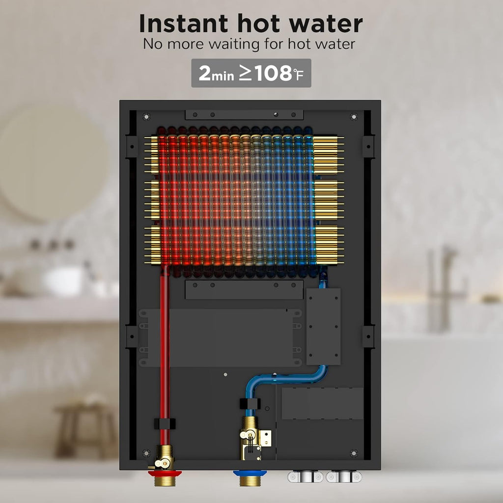 Electric Tankless Water Heater, 27kW, 240Volts - Endless On-Demand Hot Water - Self Modulates to Save Energy Use