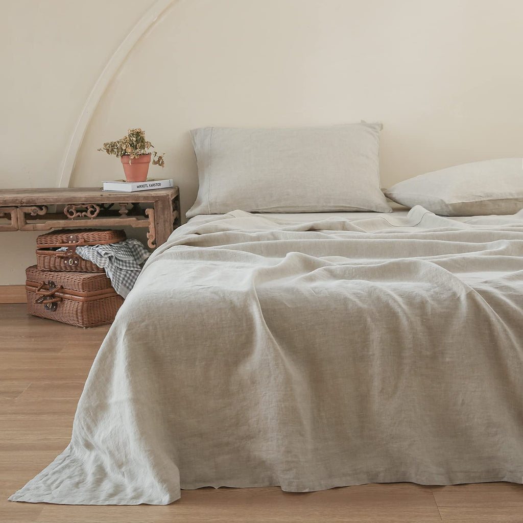 French Linen Flat Sheet with Embroidered Border-100% Stone Washed Flax Bedding, (108''x102'') Ultra